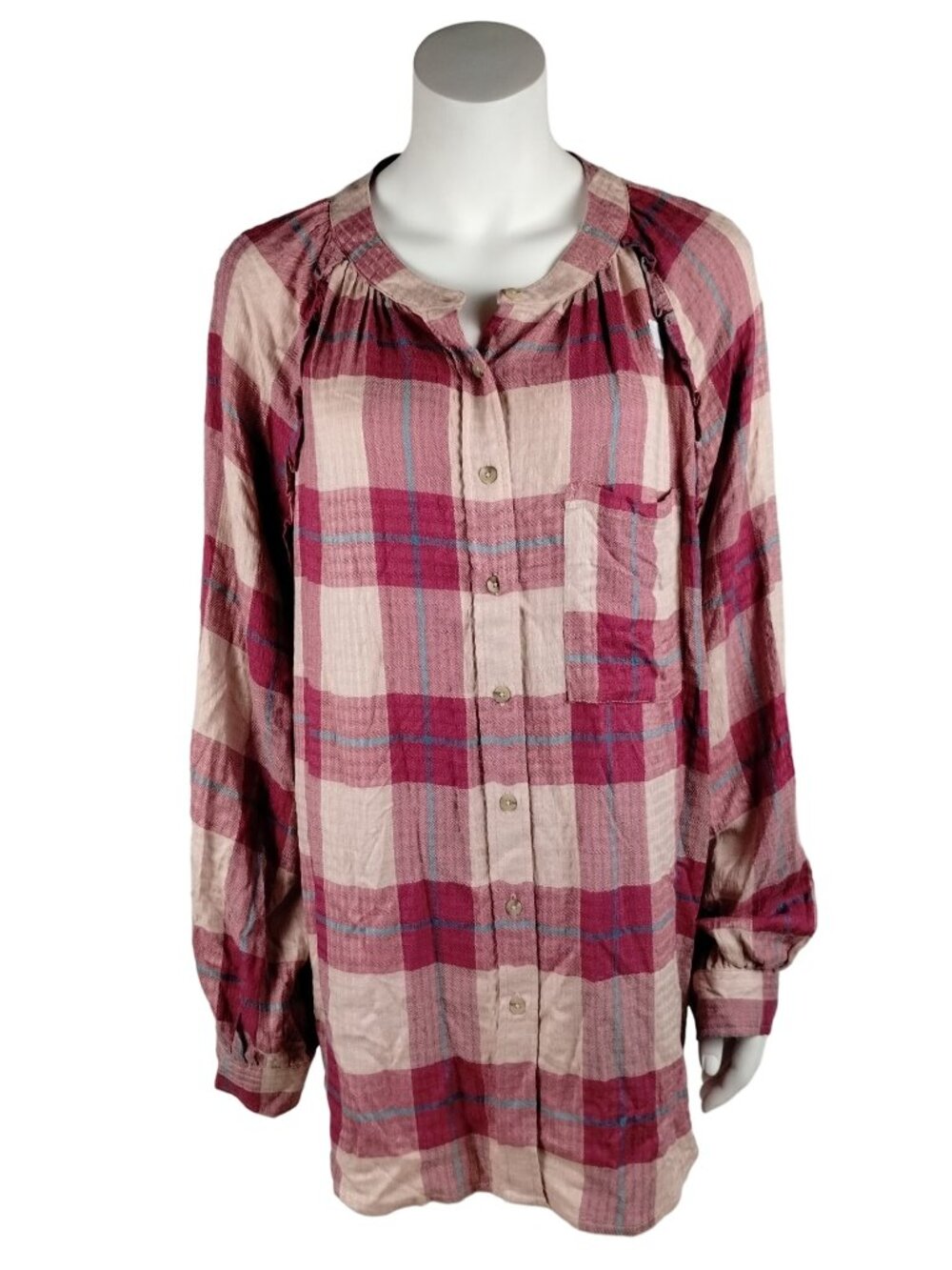 Time and Tru Maternity Womens XXL Woven Button Up Top Pink Plaid Shirt